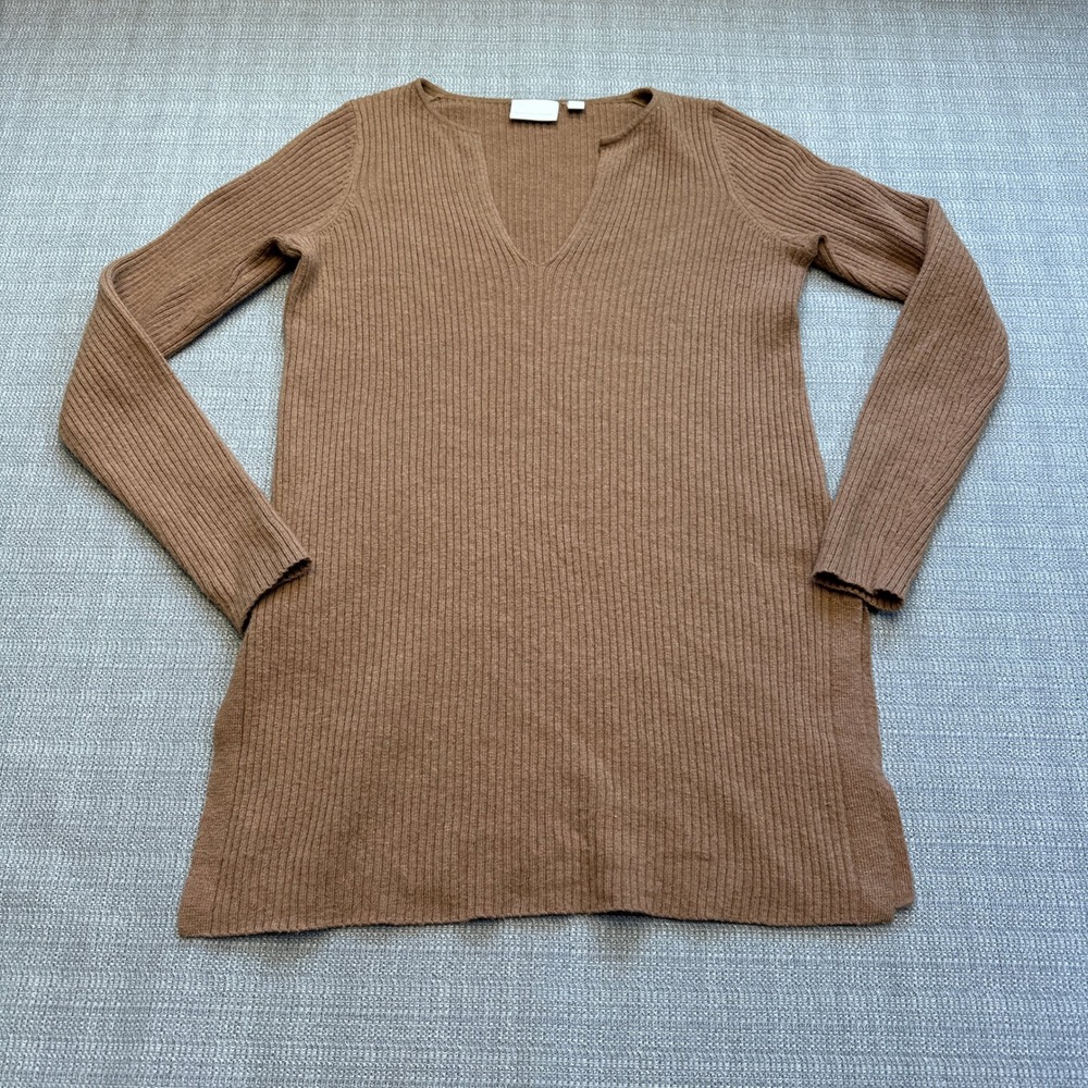 Anthropologie Ett:twa Sweater XS Brown Ribbed V Neck Minimalist Layering Wool